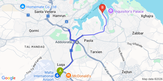 Map: Malta Airport (MLA) to Senglea