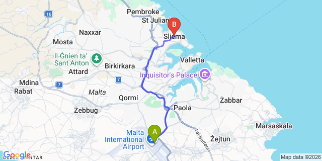 Map: Malta Airport (MLA) to Sliema