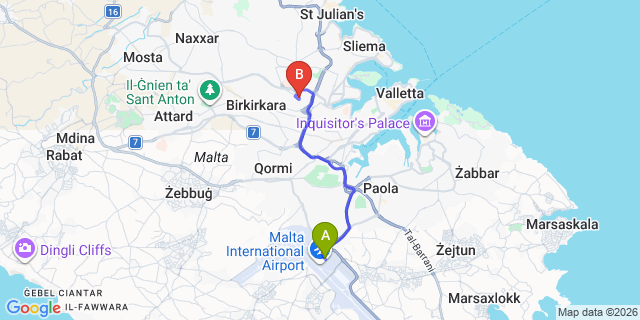 Map: Malta Airport (MLA) to Swatar