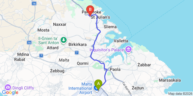 Map: Malta Airport (MLA) to Swieqi