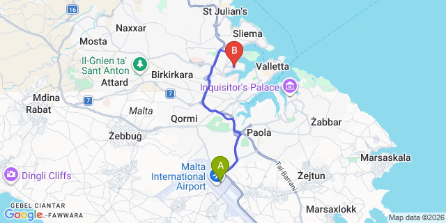 Map: Ta’ Xbiex to Malta Airport (MLA)