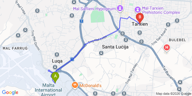 Map: Tarxien to Malta Airport (MLA)