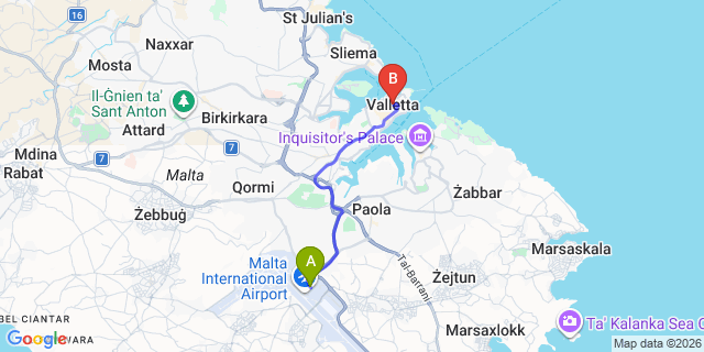 Map: Malta Airport (MLA) to Valletta