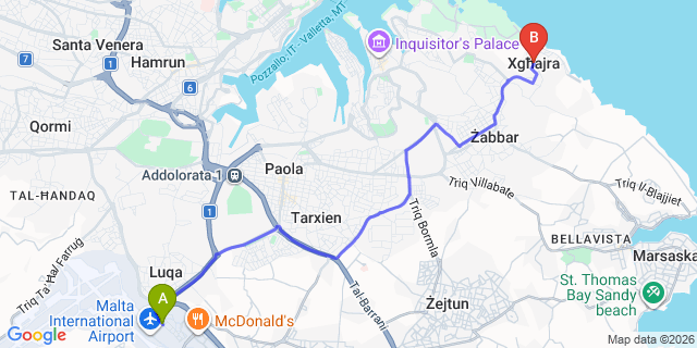 Map: Malta Airport (MLA) to Xghajra