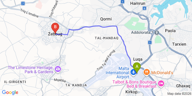 Map: Malta Airport (MLA) to Zebbug (Malta)