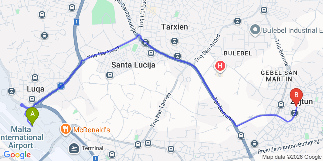 Map: Malta Airport (MLA) to Zejtun