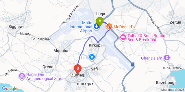 Map: Malta Airport (MLA) to Zurrieq