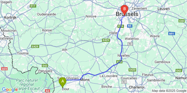 Map: Brussels Midi Train Station to Elouges