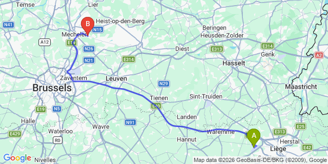 Map: Liège Airport (LGG) to Bonheiden