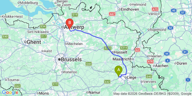 Map: Liège Airport (LGG) to Overijse