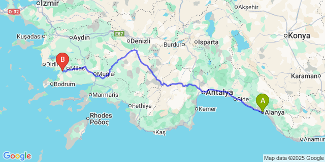 Map: Milas–Bodrum Airport (BJV) to Alanya