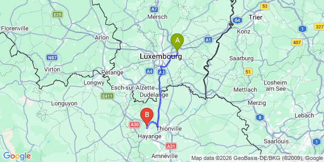 Map: Luxembourg Airport (LUX) to Algrange