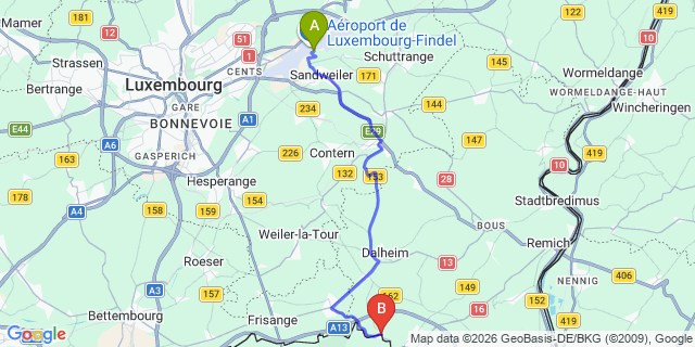 Map: Luxembourg Airport (LUX) to Altwies