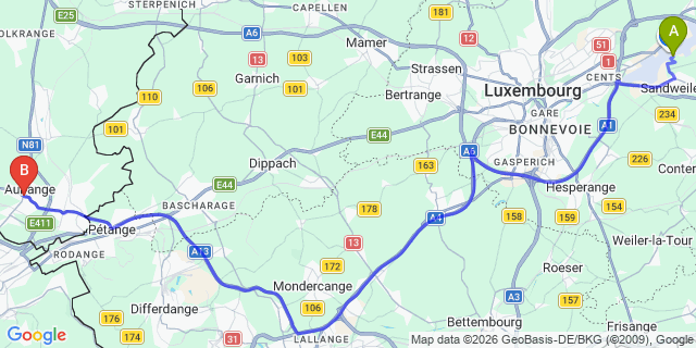 Map: Luxembourg Airport (LUX) to Aubange