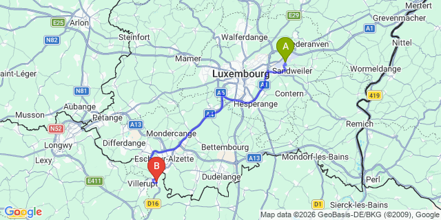 Map: Luxembourg Airport (LUX) to Audun-le-Tiche