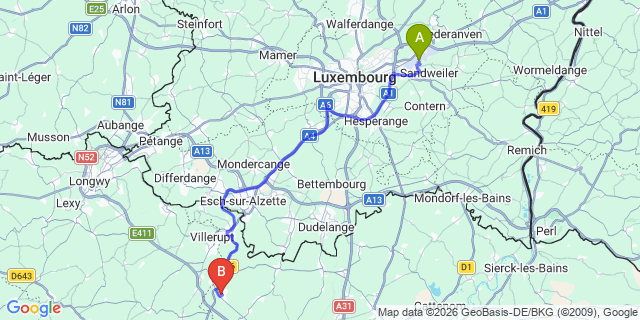 Map: Luxembourg Airport (LUX) to Aumetz