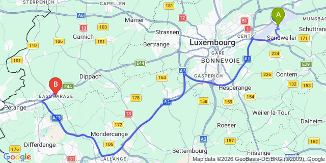 Map: Luxembourg Airport (LUX) to Bascharage