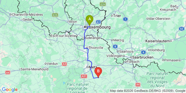 Map: Luxembourg Airport (LUX) to Bechy