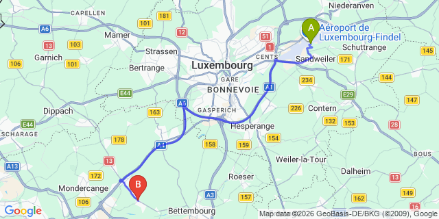Map: Luxembourg Airport (LUX) to Bergem