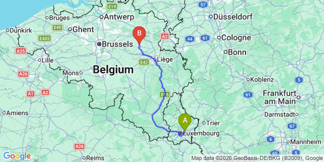 Map: Luxembourg Airport (LUX) to Beringen