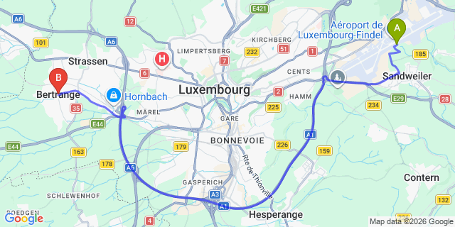 Map: Luxembourg Airport (LUX) to Bertrange