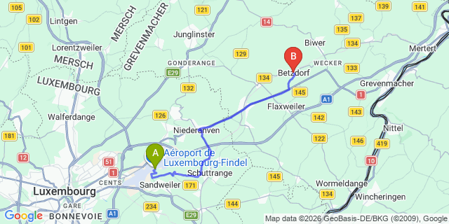Map: Luxembourg Airport (LUX) to Betzdorf Luxembourg