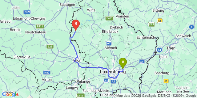 Map: Luxembourg Airport (LUX) to Bigonville