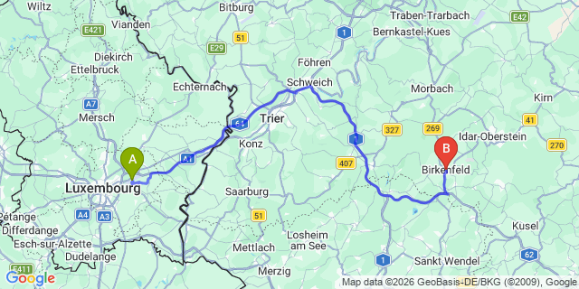 Map: Luxembourg Airport (LUX) to Birkenfeld