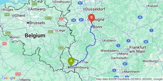 Map: Luxembourg Airport (LUX) to Bonn