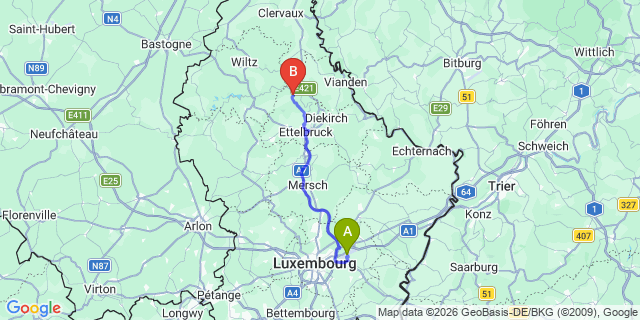 Map: Luxembourg Airport (LUX) to Bourscheid