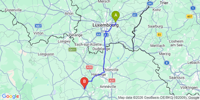 Map: Luxembourg Airport (LUX) to Briey