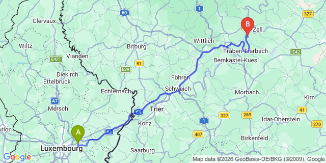 Map: Luxembourg Airport (LUX) to Burg (Mosel)