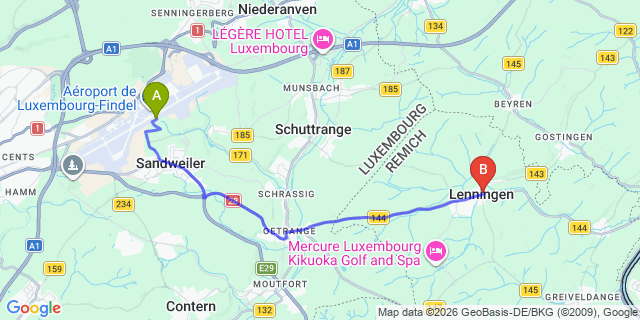 Map: Luxembourg Airport (LUX) to Canach