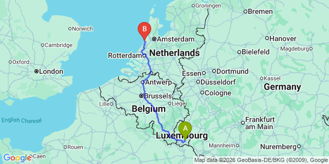 Map: Luxembourg Airport (LUX) to Charleroi Airport Brussels South (CRL)