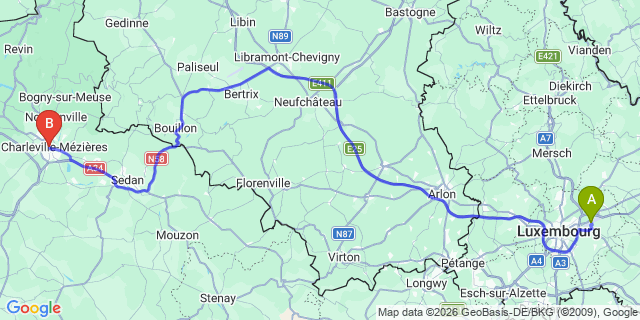 Map: Luxembourg Airport (LUX) to Charleville-Mézières