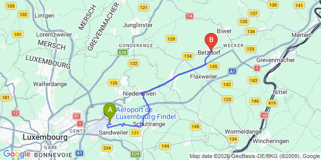 Map: Luxembourg Airport (LUX) to Château de Betzdorf