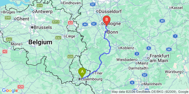 Map: Luxembourg Airport (LUX) to Cologne Bonn Airport (CGN)cancelled