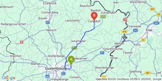 Map: Luxembourg Airport (LUX) to Consdorf