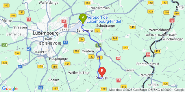 Map: Luxembourg Airport (LUX) to Dalheim