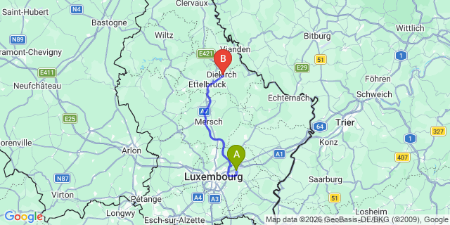 Map: Luxembourg Airport (LUX) to Diekirch