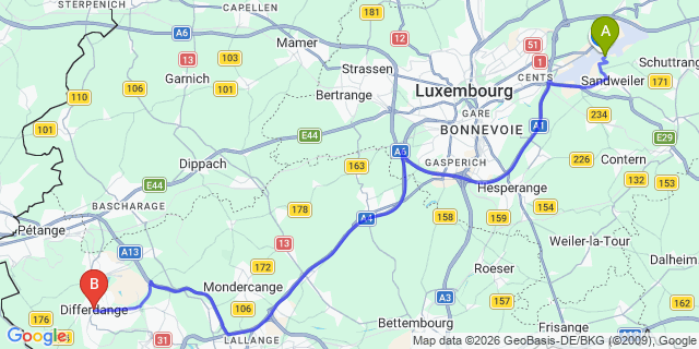 Map: Luxembourg Airport (LUX) to Differdange