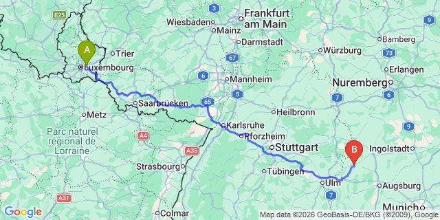 Map: Luxembourg Airport (LUX) to Dillingen
