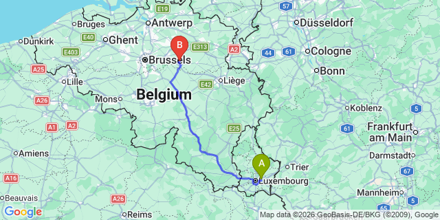 Map: Luxembourg Airport (LUX) to Dinant