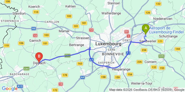 Map: Luxembourg Airport (LUX) to Dippach