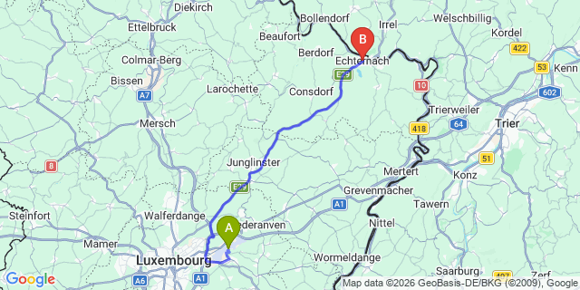 Map: Luxembourg Airport (LUX) to Echternach