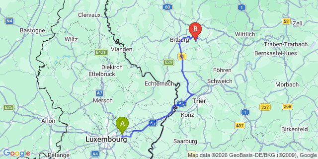 Map: Luxembourg Airport (LUX) to Eifel Park