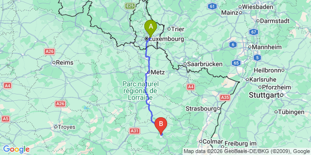 Map: Luxembourg Airport (LUX) to Epinal