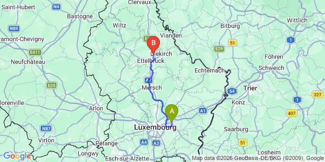 Map: Luxembourg Airport (LUX) to Erpeldange