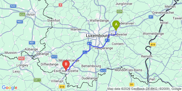 Map: Esch-sur-Alzette to Luxembourg Airport (LUX)