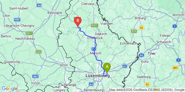 Map: Luxembourg Airport (LUX) to Esch-sur-Sure